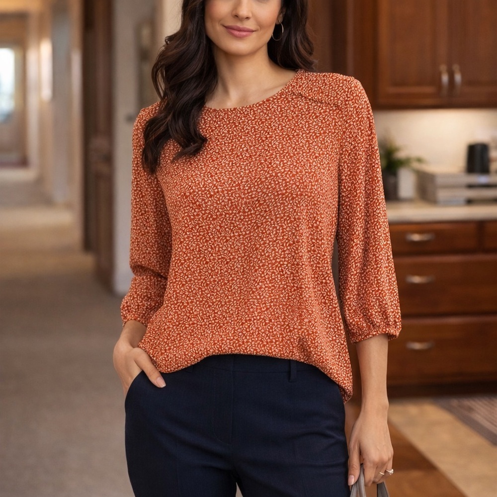 Adrianna Papell Orange Print Long Sleeve Blouse Size S NWT